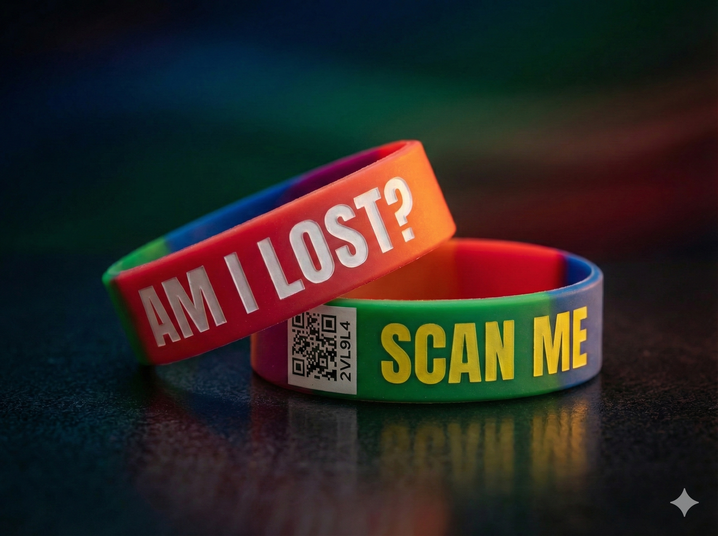 Taggim QR wristbands — AM I LOST? and SCAN ME